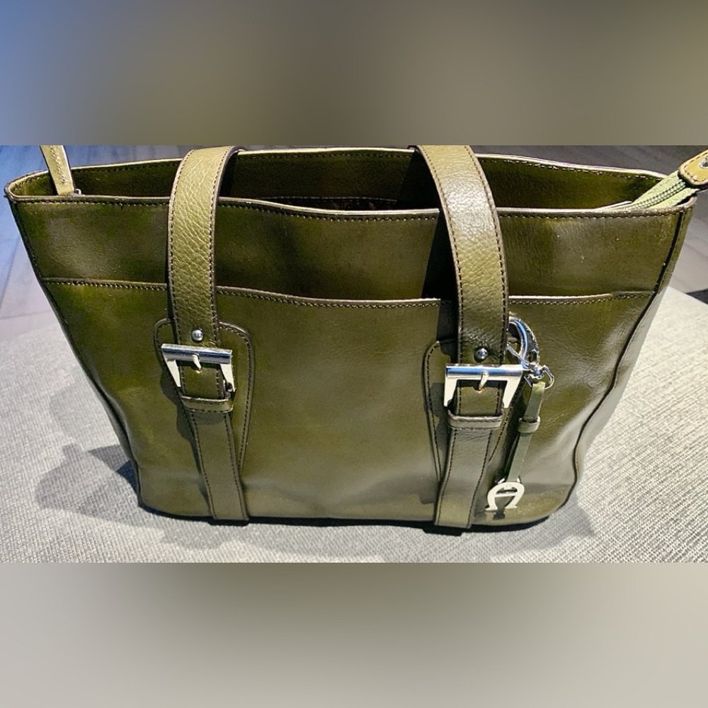 Etienne Aigner Olive Green Leather Tote Bag